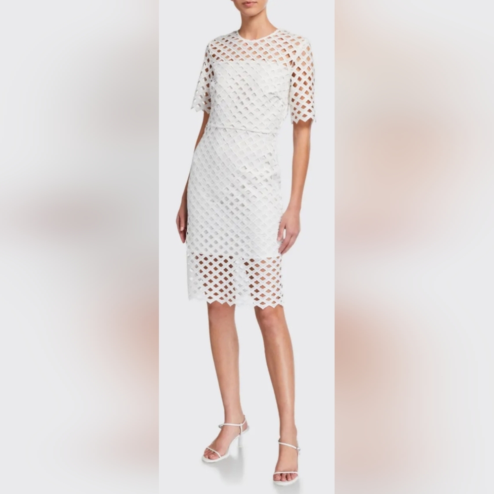 Milly Angela Lattice Embroidered Elegant White Lace Midi Dress 10/Medium